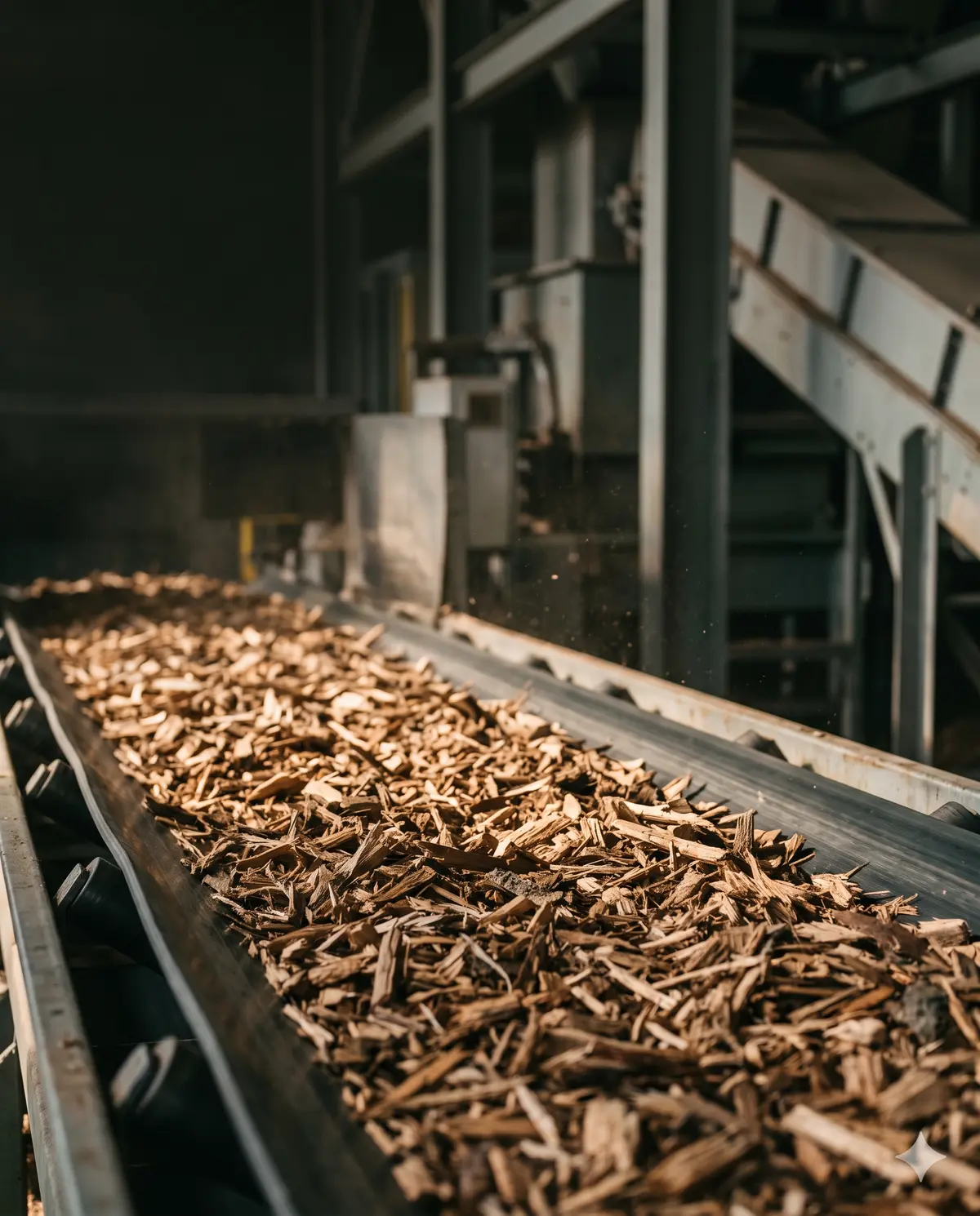 Wood chips moving along a conveyor in a processing shed