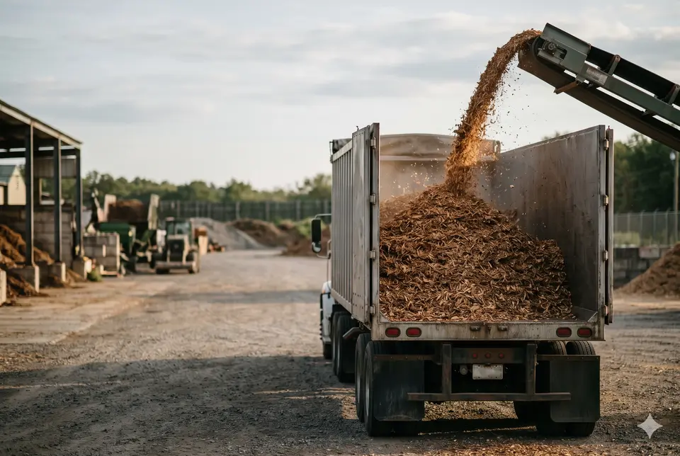 A conveyor loading wood chips into a truck at a processing yard