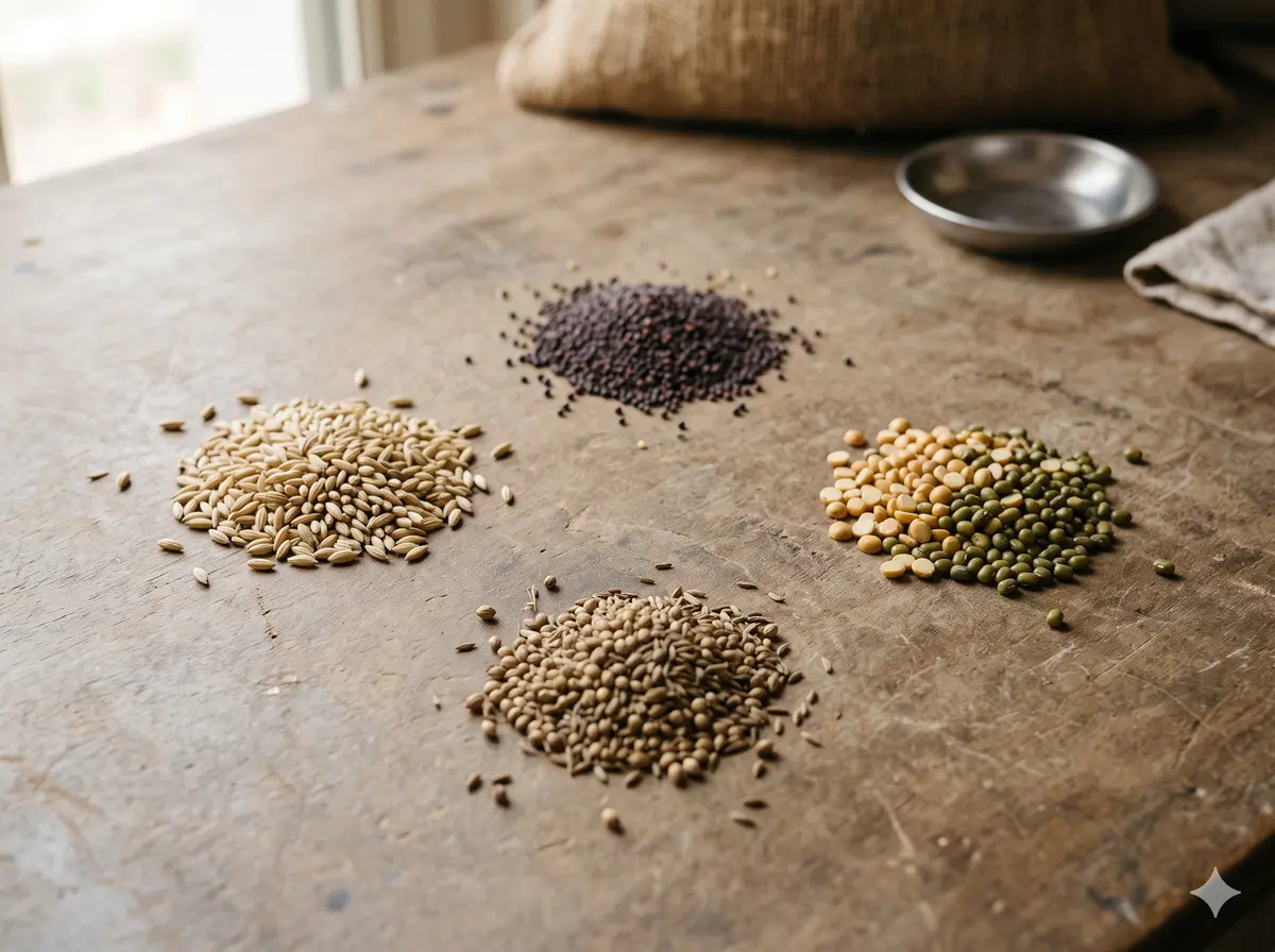 Samples of different grains laid out on a wooden table