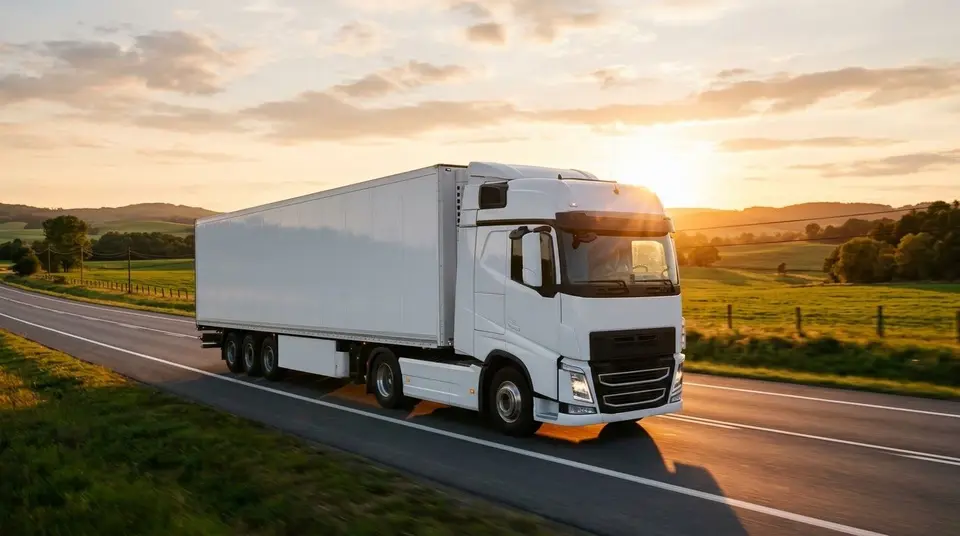 A cargo truck on a highway through farmland at sunset