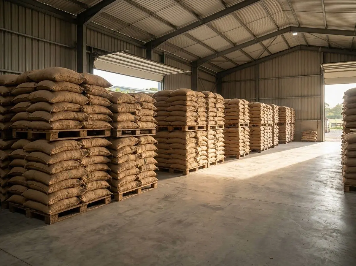Stacked sacks of produce on pallets inside a warehouse